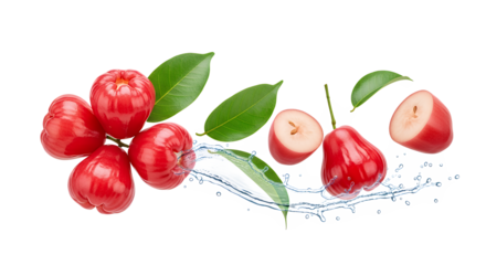 Dynamic splash of clear water refreshing vibrant red rose apples and lush green leaves, capturing the essence of fresh tropical fruit and healthy produce, isolated on white
