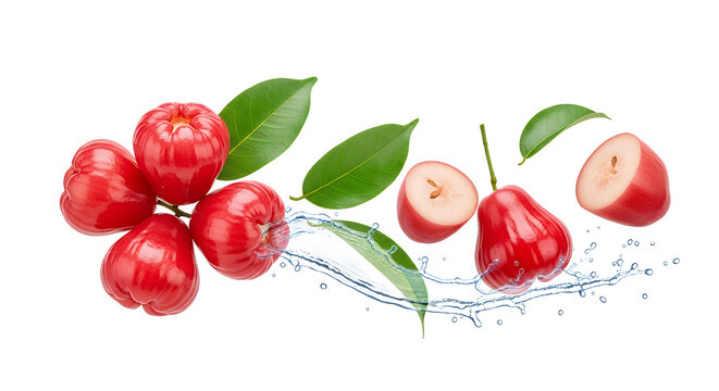 Dynamic splash of clear water refreshing vibrant red rose apples and lush green leaves, capturing the essence of fresh tropical fruit and healthy produce, isolated on white