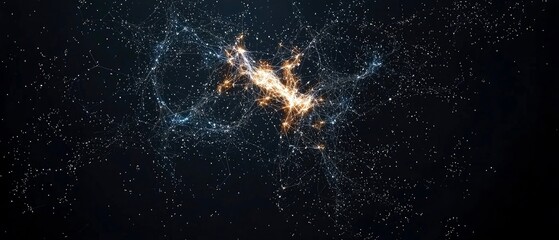 A vast, interconnected network of glowing points and light trails stretches across a dark, starry expanse, resembling a cosmic web or neural network.