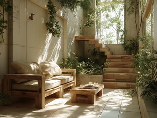 Bright tropical indoor garden with wooden furniture and lush greenery bathed in natural sunlight