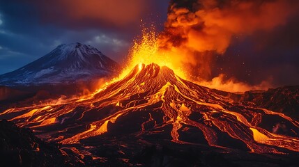 Dramatic Volcanic Eruption with Flowing Lava at Night