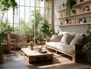 Bright spacious living room with large natural light cozy sofa open shelves indoor plants decor