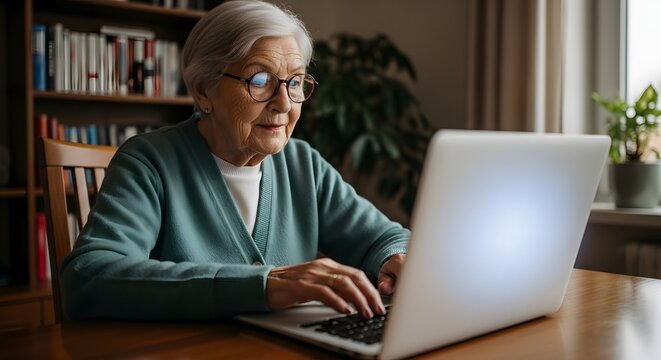   elderly woman using laptop at home with bookshelf in the background