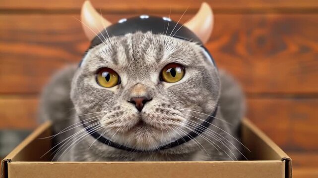 Funny Scottish Fold cat in a viking helmet sitting in a cardboard box looking at the camera.