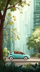 Modern city street with eco friendly electric car driving past tall skyscrapers and lush green trees