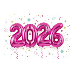 A happy new year celebration card illustration with pink and purple floral lettering design. 3D balloon effect. 