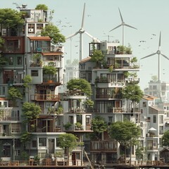 Eco Friendly Urban Housing Complex with Greenery and Wind Turbines at Sustainable Cityscape
