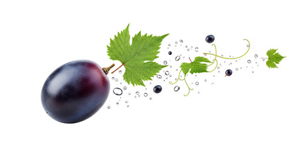Ripe dark grape with leaves and water droplets against a white background