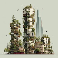 Modern eco-friendly skyscrapers with greenery and outdoor spaces in urban environment with tall tower