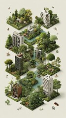 Modern urban green residential complex with multi-story buildings, lush trees, and landscaped gardens