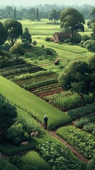 Lush Green Agricultural Landscape with Crops Gardens and Farmers Working in a Rural Setting