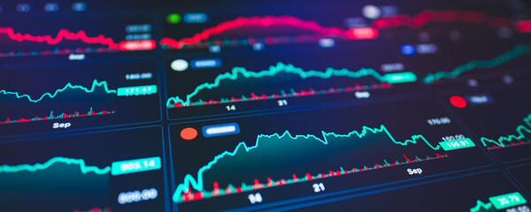 Financial data charts on a computer screen, showing market trends and analysis