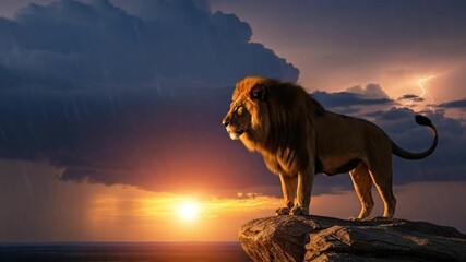 Lion King on Pride Rock Silhouette Against Dramatic Lightning Storm Sunset, majesty