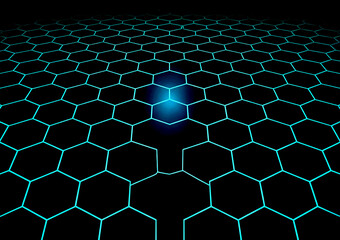 Abstract digital illustration of a glowing blue hexagonal grid pattern on a dark background.