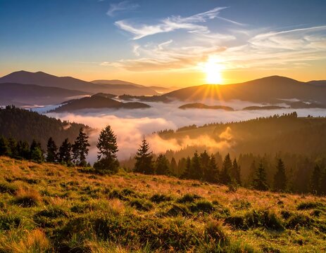 Sunrise over mountain range with clouds and lush greenery