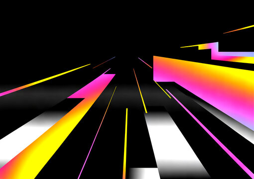 Abstract digital artwork featuring vibrant, geometric shapes and gradients against a black background, creating a sense of depth.