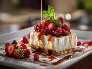 Delicious cheesecake dessert topped with mixed berries mint leaves and honey syrup on white plate