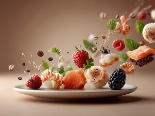 Assorted fresh berries and gourmet food pieces flying onto a white plate with splash effects on warm beige background