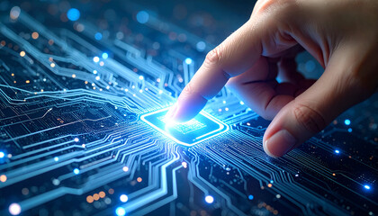Hand touching a glowing, digital geometric brain or network structure. Represents the connection, interaction, and future collaboration between humans and artificial intelligence (AI) or technology.