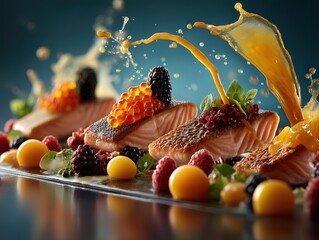 Assorted fresh sushi with fish fruit and colorful sauces on a reflective dark surface horizontal composition