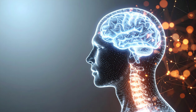 Abstract 3D rendering of a human-like head composed of geometric shapes and glowing digital lines. Symbolizes artificial intelligence, machine learning, robotics, futuristic technology, and big data. - Powered by Adobe