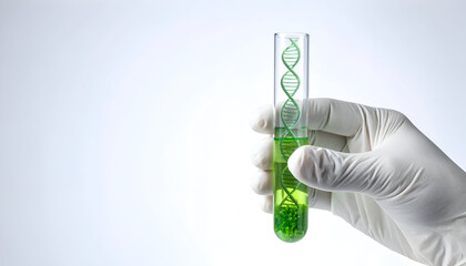 A scientist or medical  holds a test tube containing a DNA helix model and a fluid sample,  white background. Represents genetic research, biotechnology, medical testing, and forensic science.