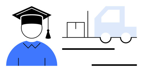 Graduate wearing mortarboard cap and delivery truck with packages symbolize education meeting logistics. Ideal for graduation, supply chain, e-learning, business training, transportation, career