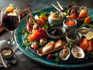 Assorted fresh seafood platter with oysters, salmon, shrimp, crab, sauces, lemon slices, and garnishes on a dark rustic background
