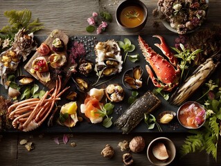 Exquisite seafood platter with lobster oysters fish and garnishes served on a rustic table