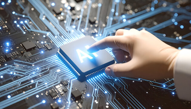 Doctor hand touching a glowing, digital geometric brain or network structure. Represents the connection, interaction, and future collaboration between humans and artificial intelligence (AI) or techno