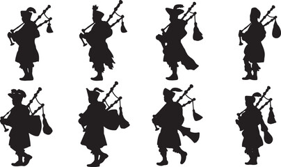 Scottish Bagpiper in Traditional Attire Silhouette Set