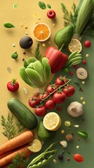 Assorted fresh vegetables and citrus fruits scattered on yellow and green background with herbs and seeds