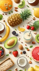 Assortment of fresh tropical and seasonal fruits with nuts seeds and dairy products on white background