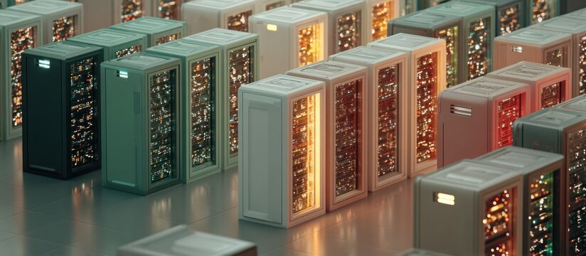 Colorful servers in a data center, glowing interiors, and organized rows