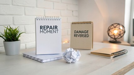 Business workspace with notepads displaying inspirational messages on repair and damage, accompanied by decorative elements