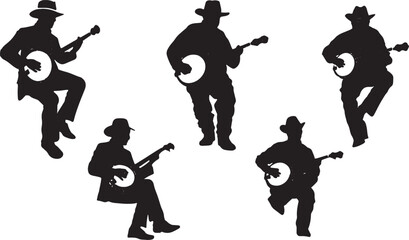 Bluegrass and Folk Banjo Player Silhouette Vector Icons