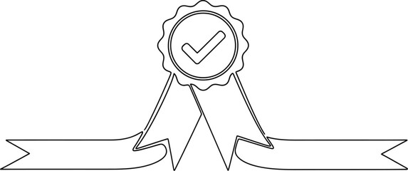 Award Badge with Check Mark and Ribbon Line Art Vector Illustration Isolated on Transparent Background Design Element for Achievement Recognition and Quality Assurance