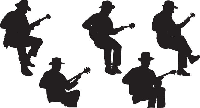 Bluegrass and Folk Banjo Player Silhouette Vector Icons