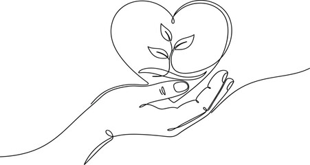 Continuous Line Drawing of Hand Holding Plant in Heart Shape Symbolizing Growth Nurturing and Environmental Awareness Isolated on Transparent Background Single Stroke Vector