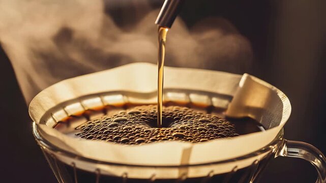 Close up of fresh coffee brewing with steam rising into a glass server