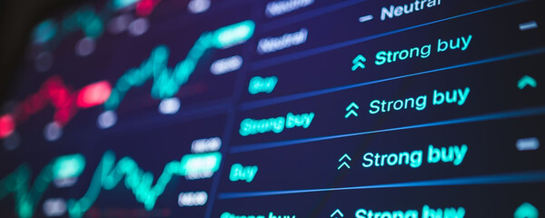 Obraz premium Stock market trading screen showing strong buy signals and financial data