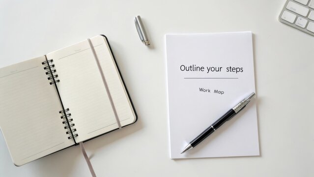 Notebook and Pen on Desk for Planning Steps in Project Management with Blank Pages and Clean Workspace