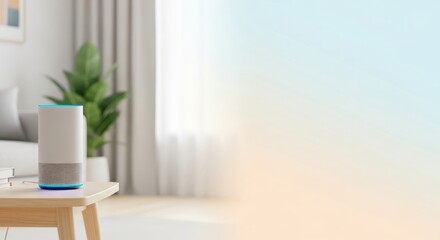 Smart speaker on a wooden table within a soft, bright, inviting living room