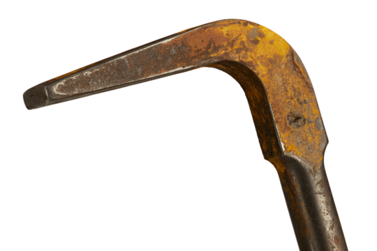 Antique rusted metal tool with a bent shape isolated on transparent background