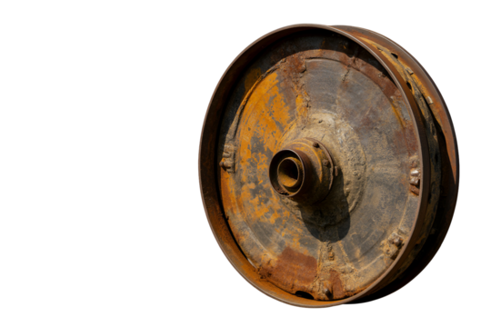 Rusty industrial metal pulley wheel isolated on transparent background