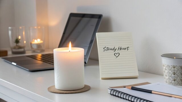 Cozy workspace with candle, motivational note, and laptop, ideal for inspiration and productivity in a calm environment