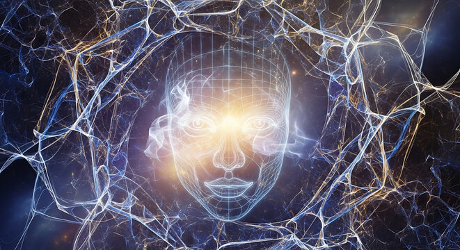 Artificial Intelligence Face with Neural Network Connection Concept