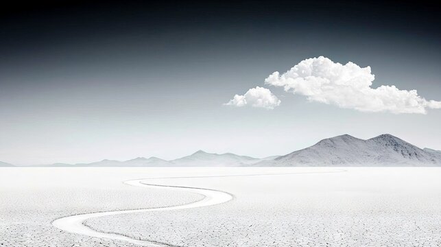 A stark, minimalist landscape featuring a curving road across a bright white salt flat, leading towards distant mountains under a dramatic sky with a lone cloud