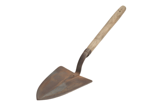 Old rusted garden trowel isolated on transparent background