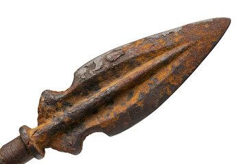 Ancient rusted iron spearhead isolated on transparent background